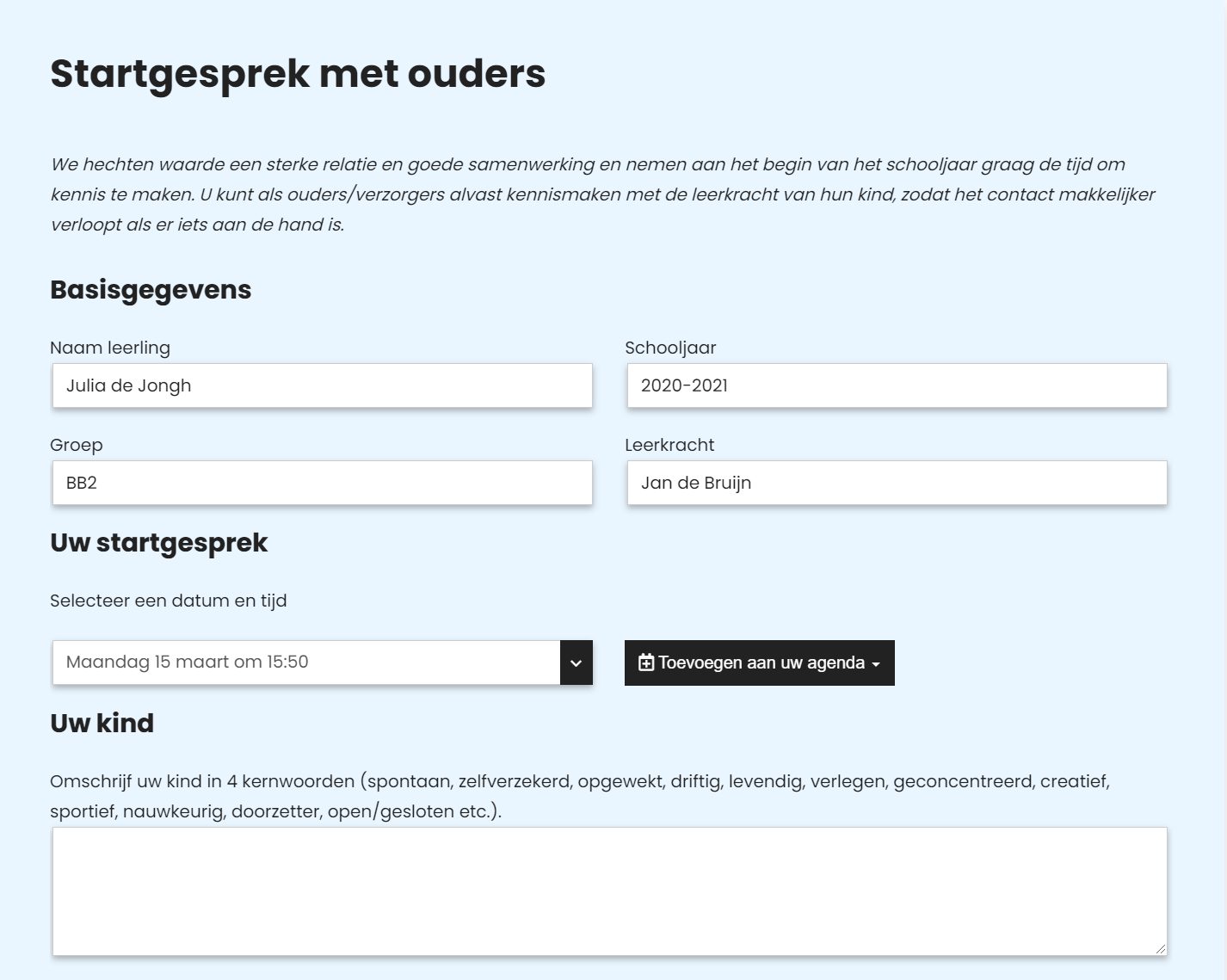 Onderwijs Oudergesprek Formulier