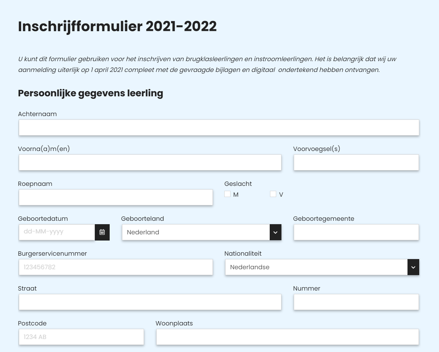 Onderwijs Inschrijfformulier